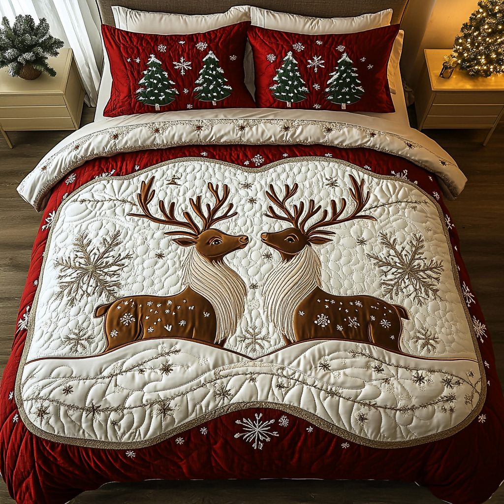 Frosted Hooves quilted 3-piece bedding set on a made bed in a winter-styled bedroom