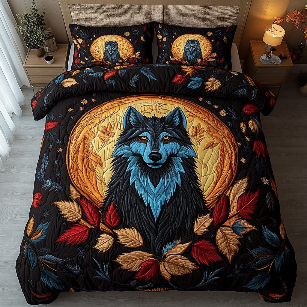 Frosted Howl quilted 3-piece bedding set on a made bed in a winter-styled bedroom