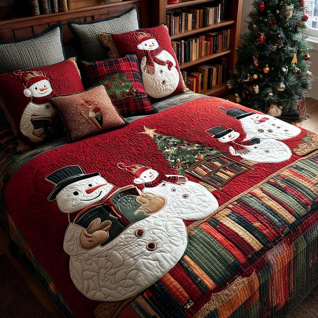 Frosted Hugs quilted 3-piece bedding set on a made bed in a winter-styled bedroom