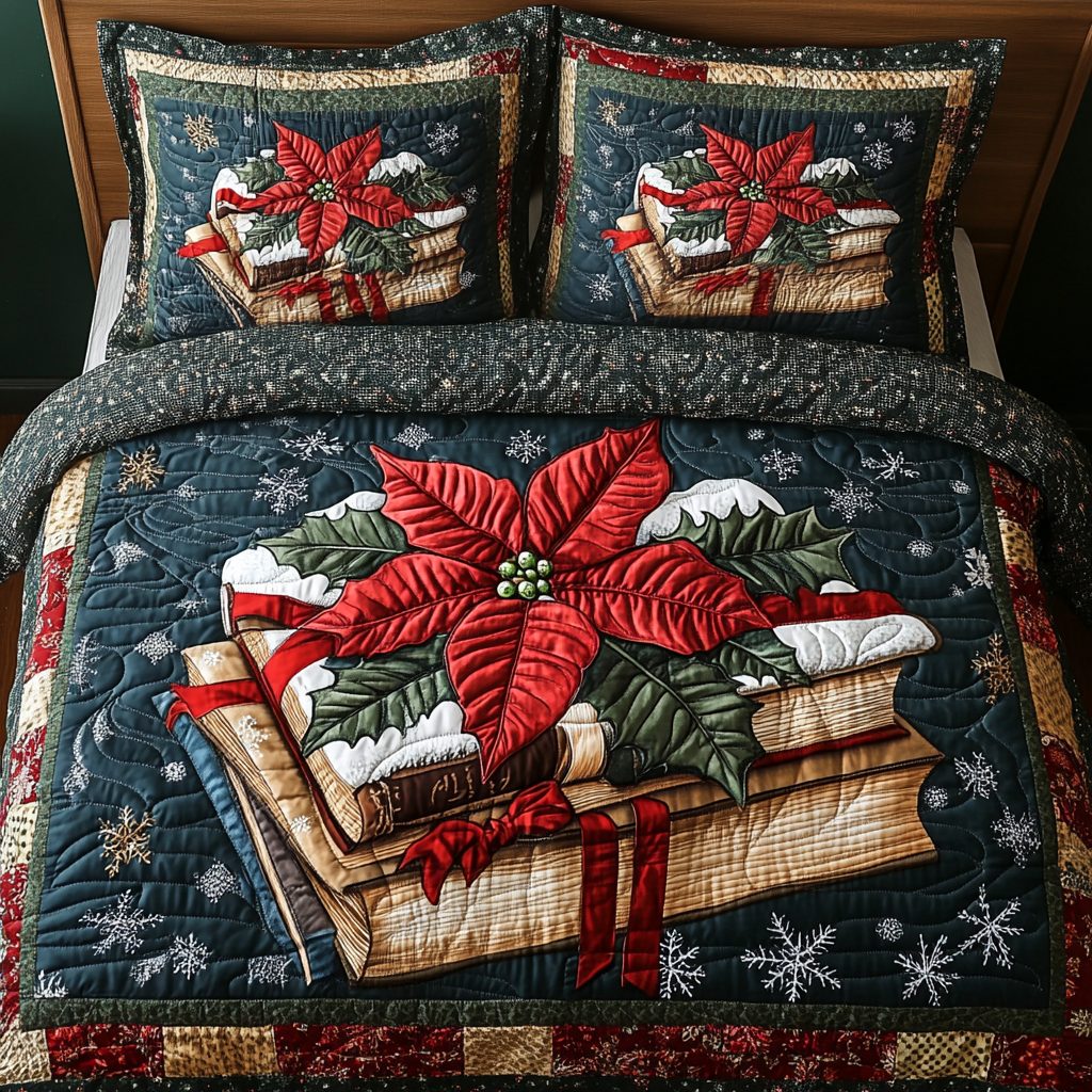 Frosted Literary Dreams quilted 3-piece bedding set on a made bed in a winter-styled bedroom