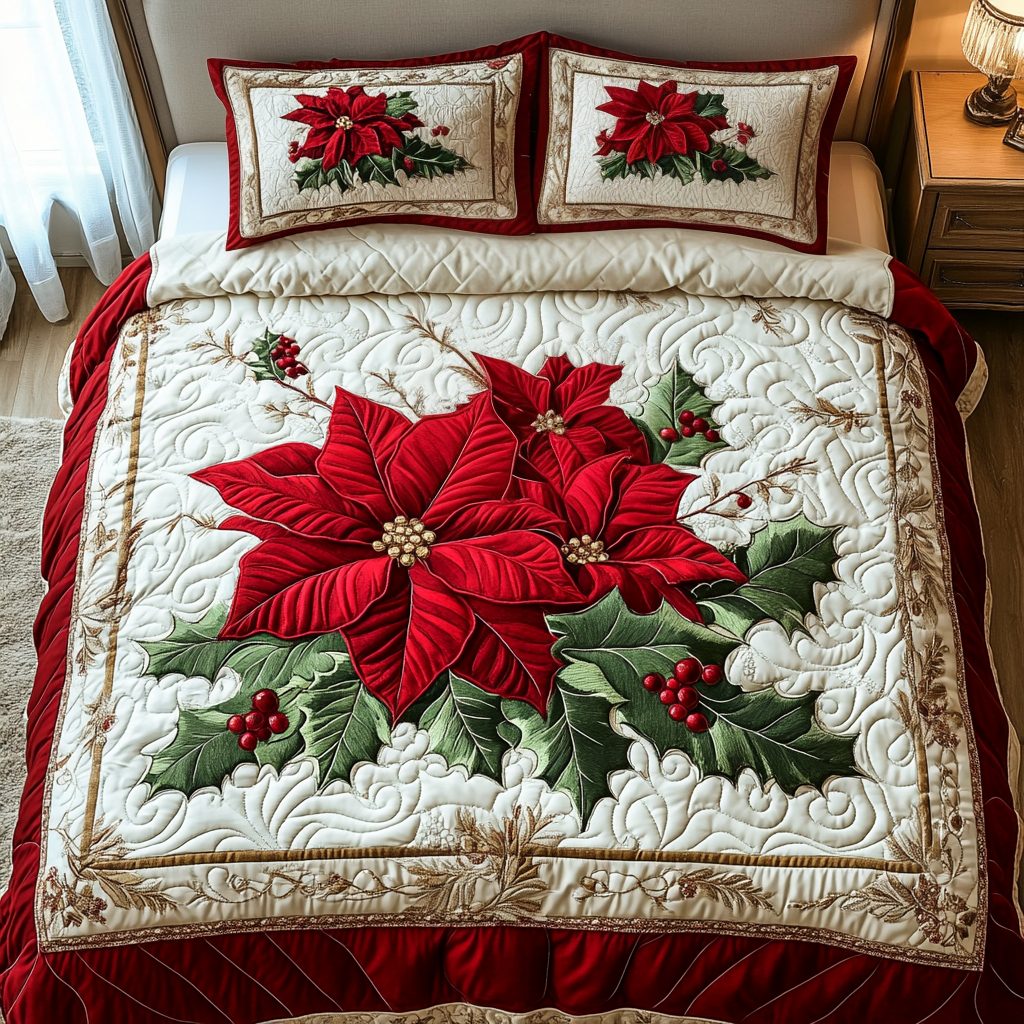 Frosted Poinsettia quilted 3-piece bedding set on a made bed in a winter-styled bedroom