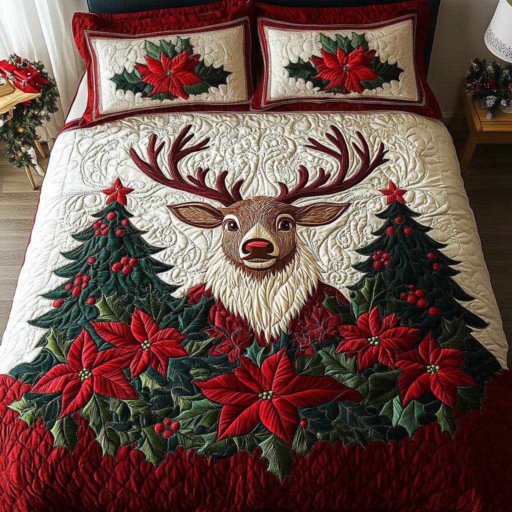 Frosted Reindeer Joy quilted 3-piece bedding set on a made bed in a winter-styled bedroom