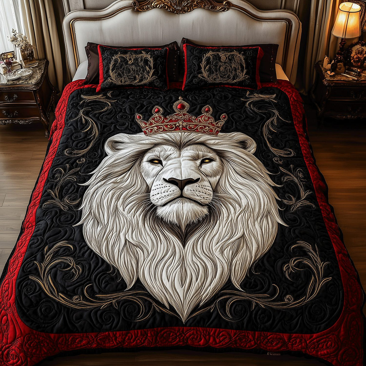 Frosted Roots quilted 3-piece bedding set on a made bed in a winter-styled bedroom