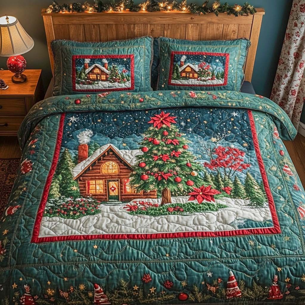 Frosted Window Glow quilted 3-piece bedding set on a made bed in a winter-styled bedroom