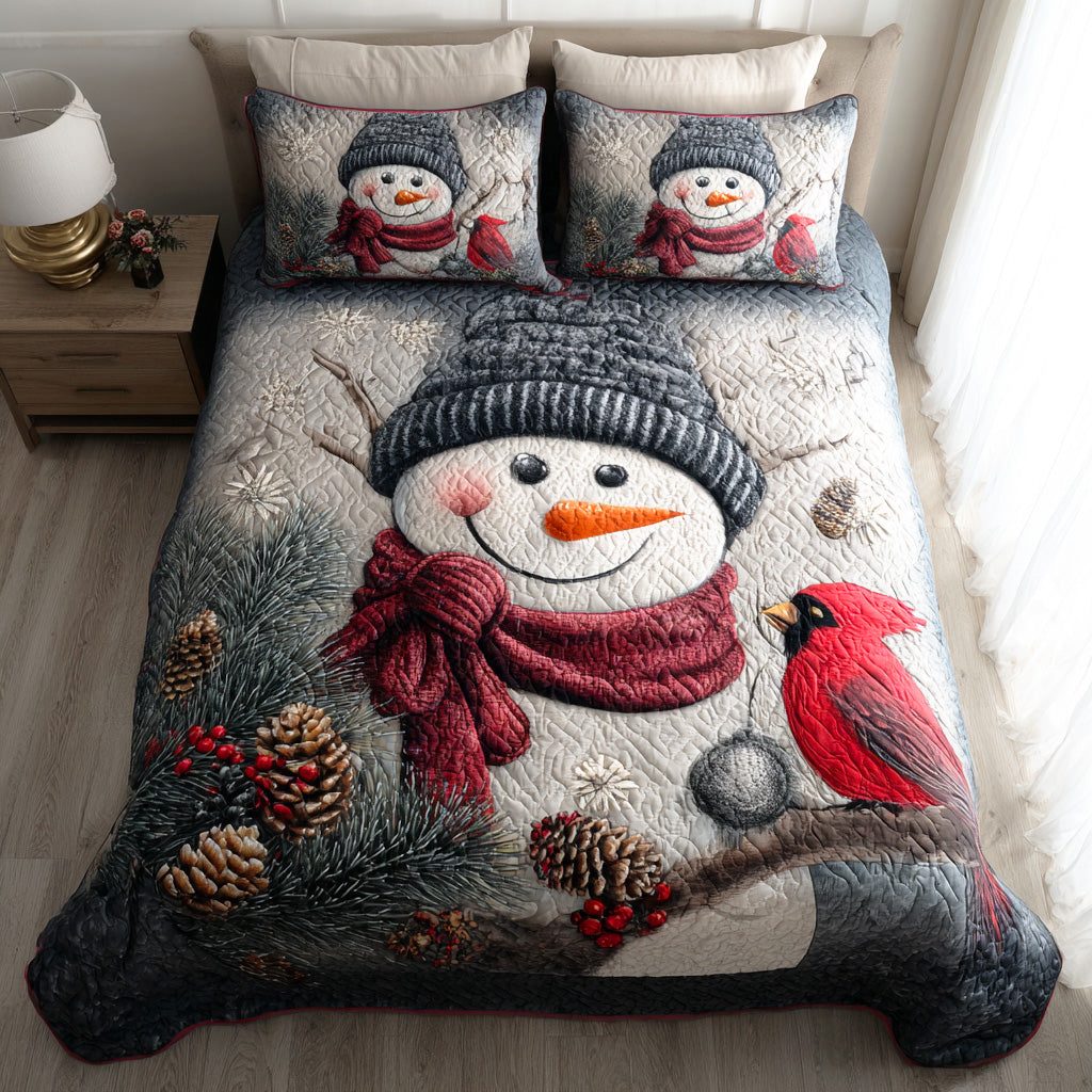 Frostlight Meadow quilted 3-piece bedding set on a made bed in a winter-styled bedroom
