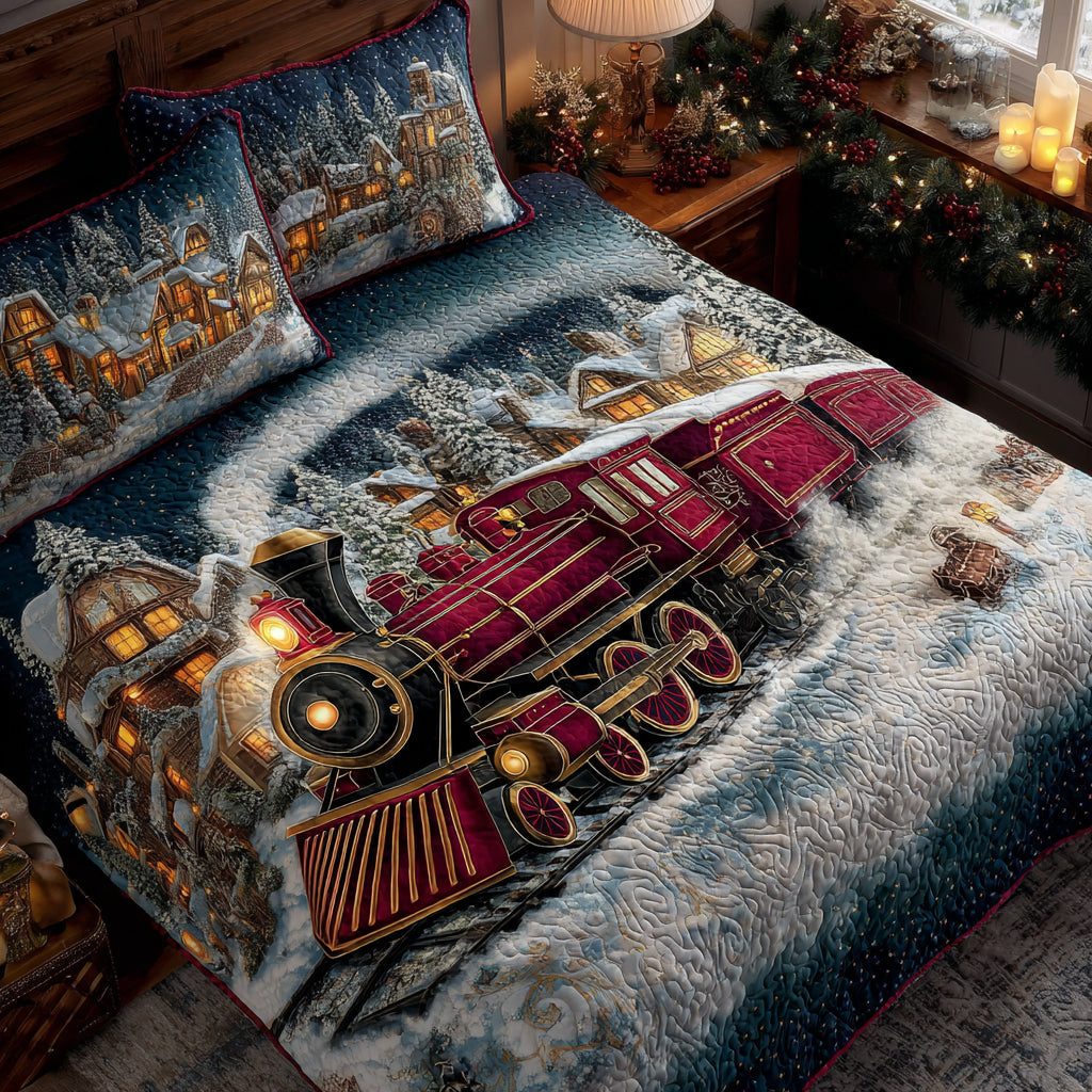 Frostrail Flyer quilted 3-piece bedding set on a made bed in a winter-styled bedroom