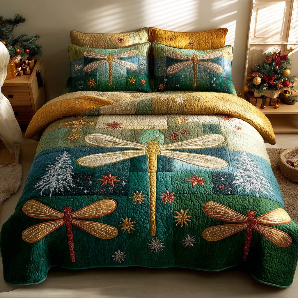 Frostshine Wings quilted 3-piece bedding set on a made bed in a winter-styled bedroom