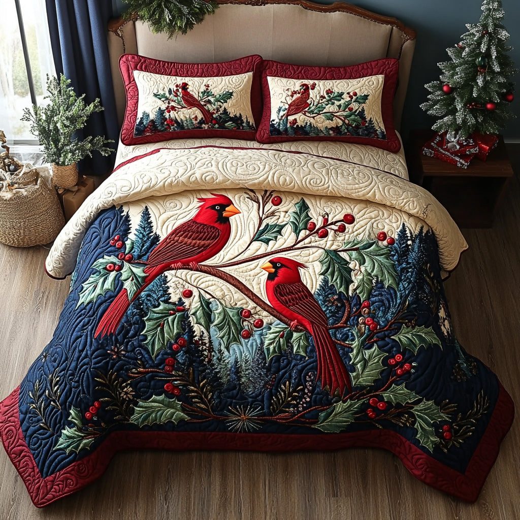 Frosty Cardinals quilted 3-piece bedding set on a made bed in a winter-styled bedroom