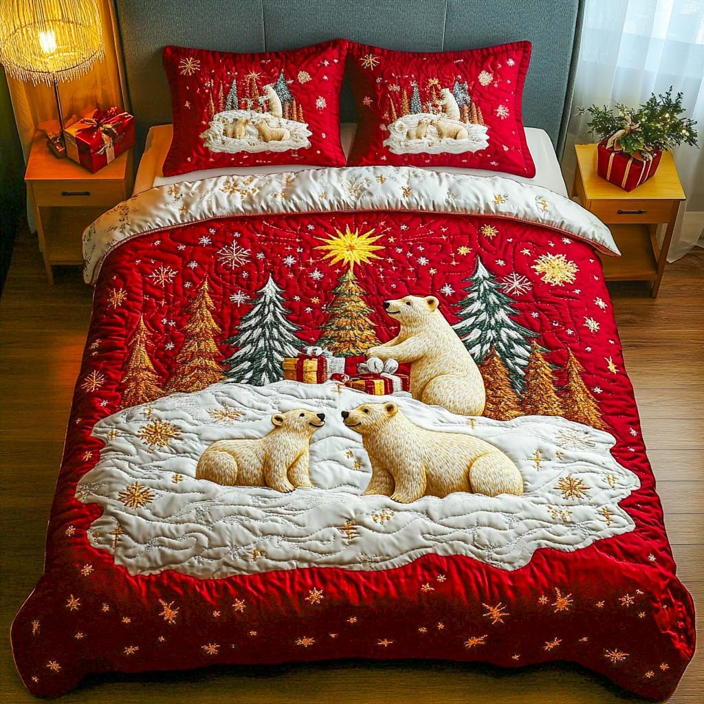 Frosty Family quilted 3-piece bedding set on a made bed in a winter-styled bedroom