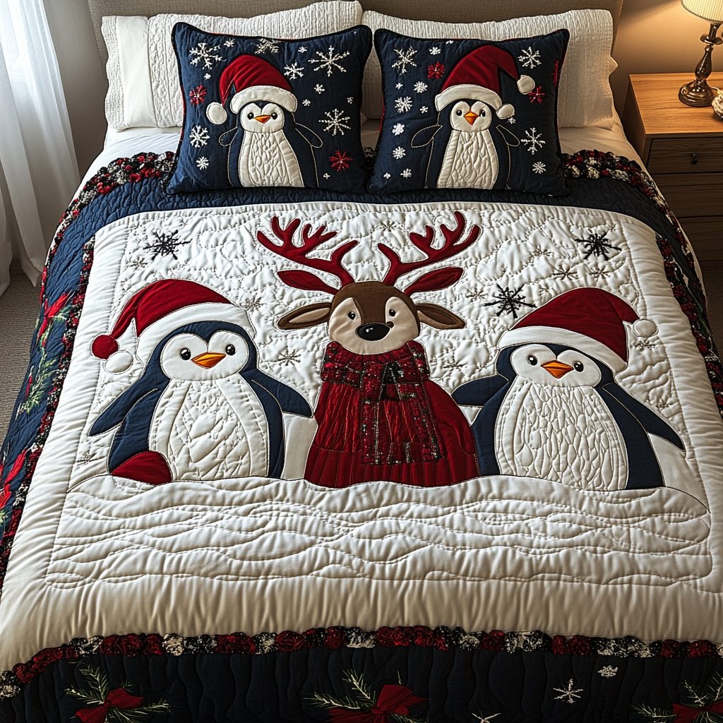 Frosty Feathers quilted 3-piece bedding set on a made bed in a winter-styled bedroom