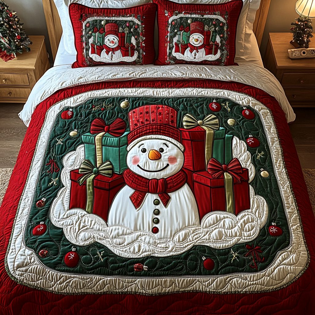 Frosty Festivities quilted 3-piece bedding set on a made bed in a winter-styled bedroom