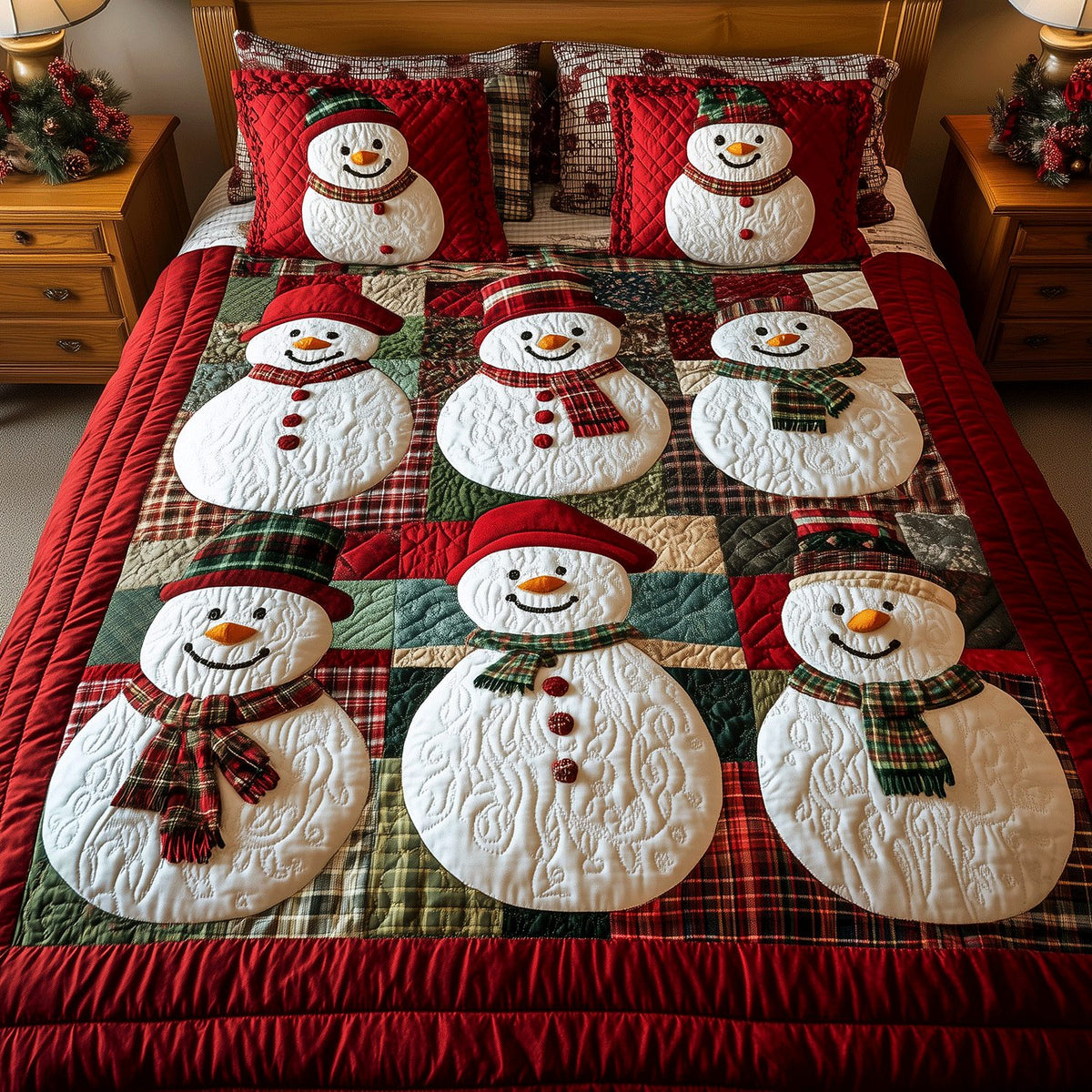 Frosty Friends quilted 3-piece bedding set on a made bed in a winter-styled bedroom