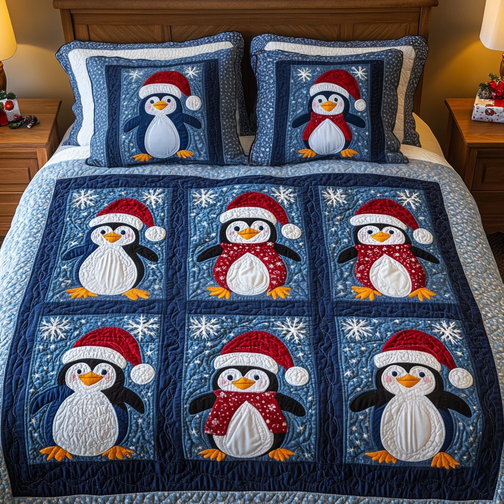 Frosty Friends quilted 3-piece bedding set on a made bed in a winter-styled bedroom