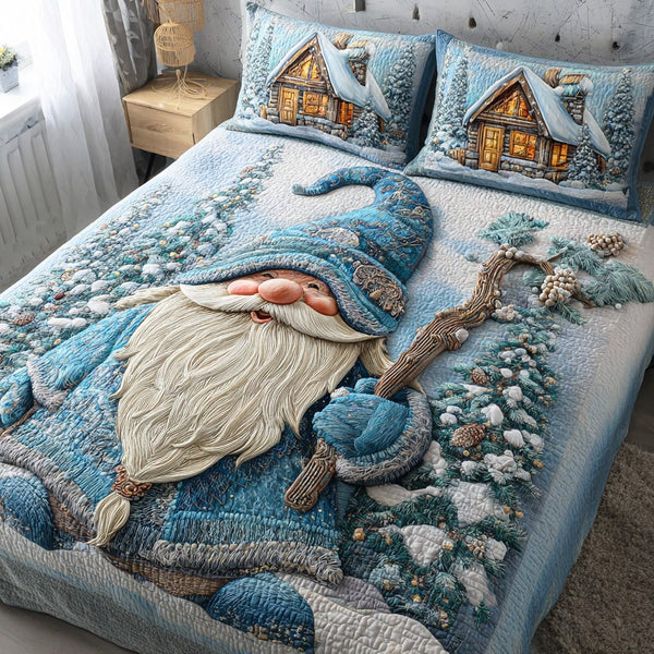 Frosty Gnome Valley quilted 3-piece bedding set on a made bed in a winter-styled bedroom