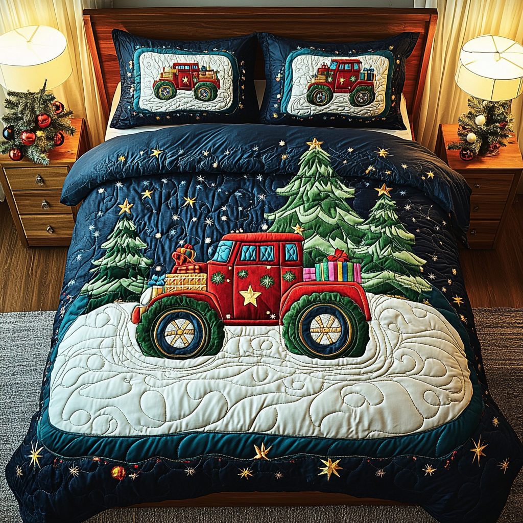 Frosty Hauler quilted 3-piece bedding set on a made bed in a winter-styled bedroom