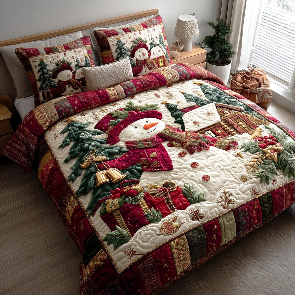 Frosty Lane Snowman quilted 3-piece bedding set on a made bed in a winter-styled bedroom