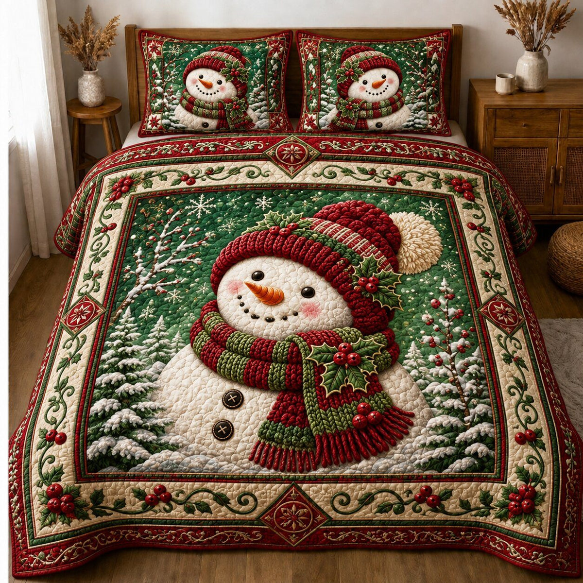 Frosty Magic quilted 3-piece bedding set on a made bed in a winter-styled bedroom