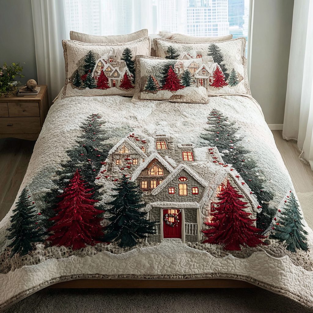 Frosty Night quilted 3-piece bedding set on a made bed in a winter-styled bedroom