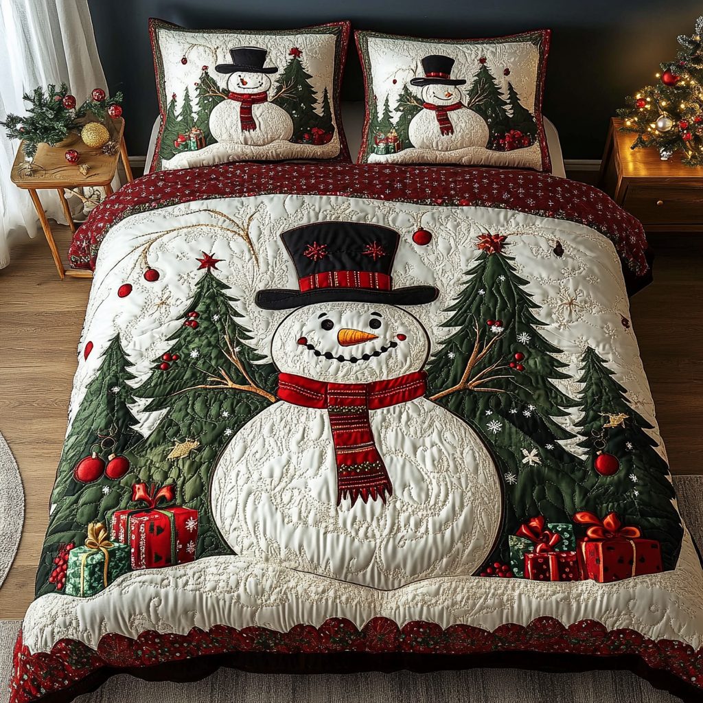 Frosty Night quilted 3-piece bedding set on a made bed in a winter-styled bedroom