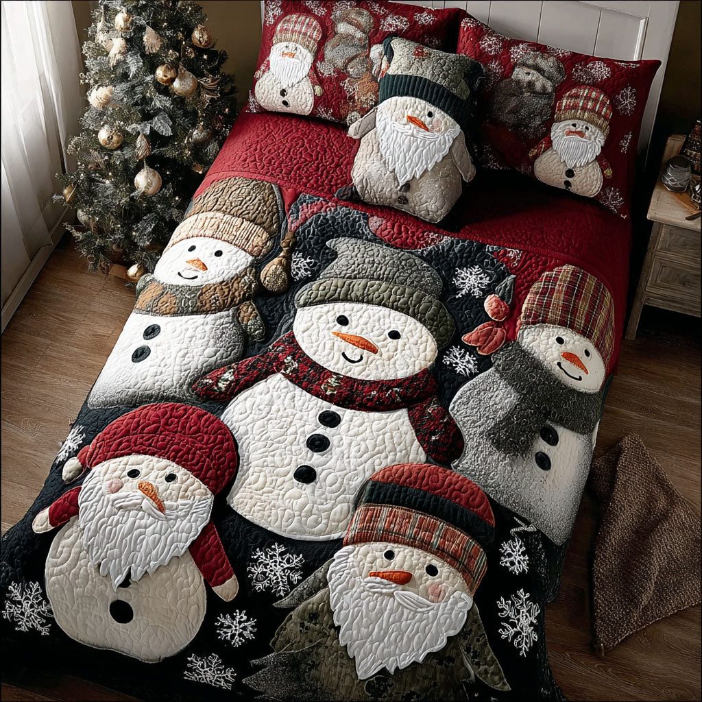Frosty Nights quilted 3-piece bedding set on a made bed in a winter-styled bedroom