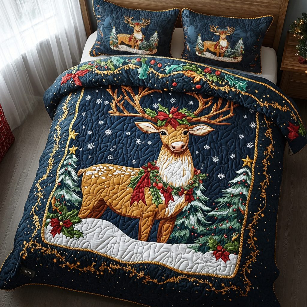 Frosty Pines quilted 3-piece bedding set on a made bed in a winter-styled bedroom