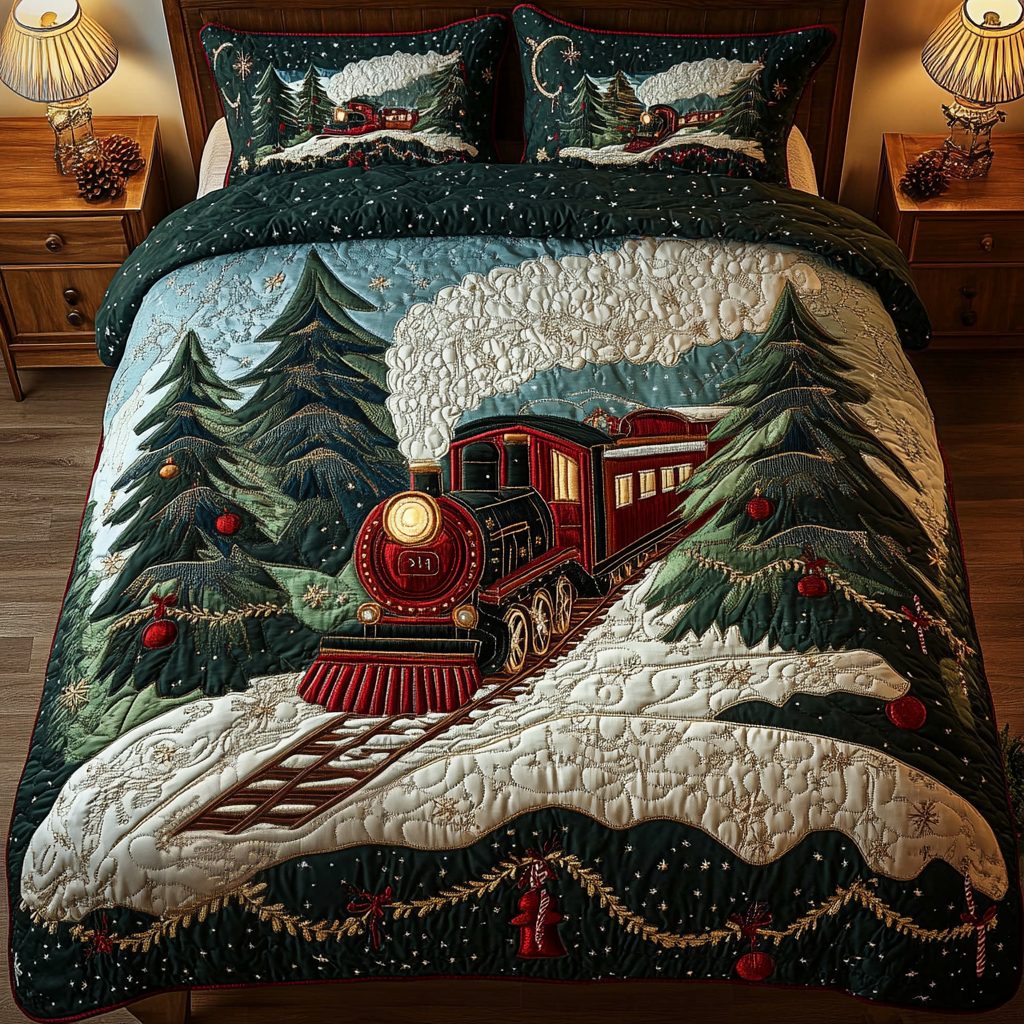Frosty Rails quilted 3-piece bedding set on a made bed in a winter-styled bedroom