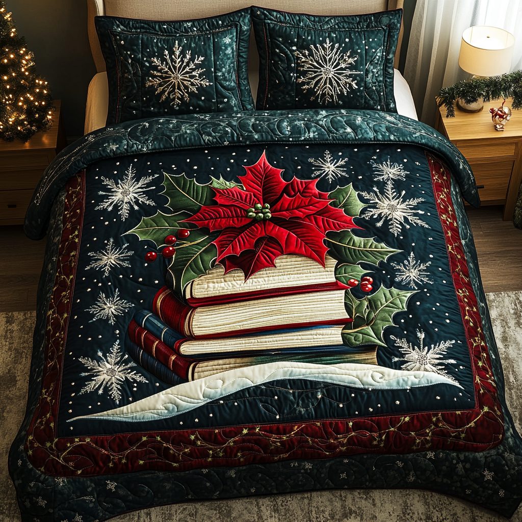 Frosty Reading Nights quilted 3-piece bedding set on a made bed in a winter-styled bedroom
