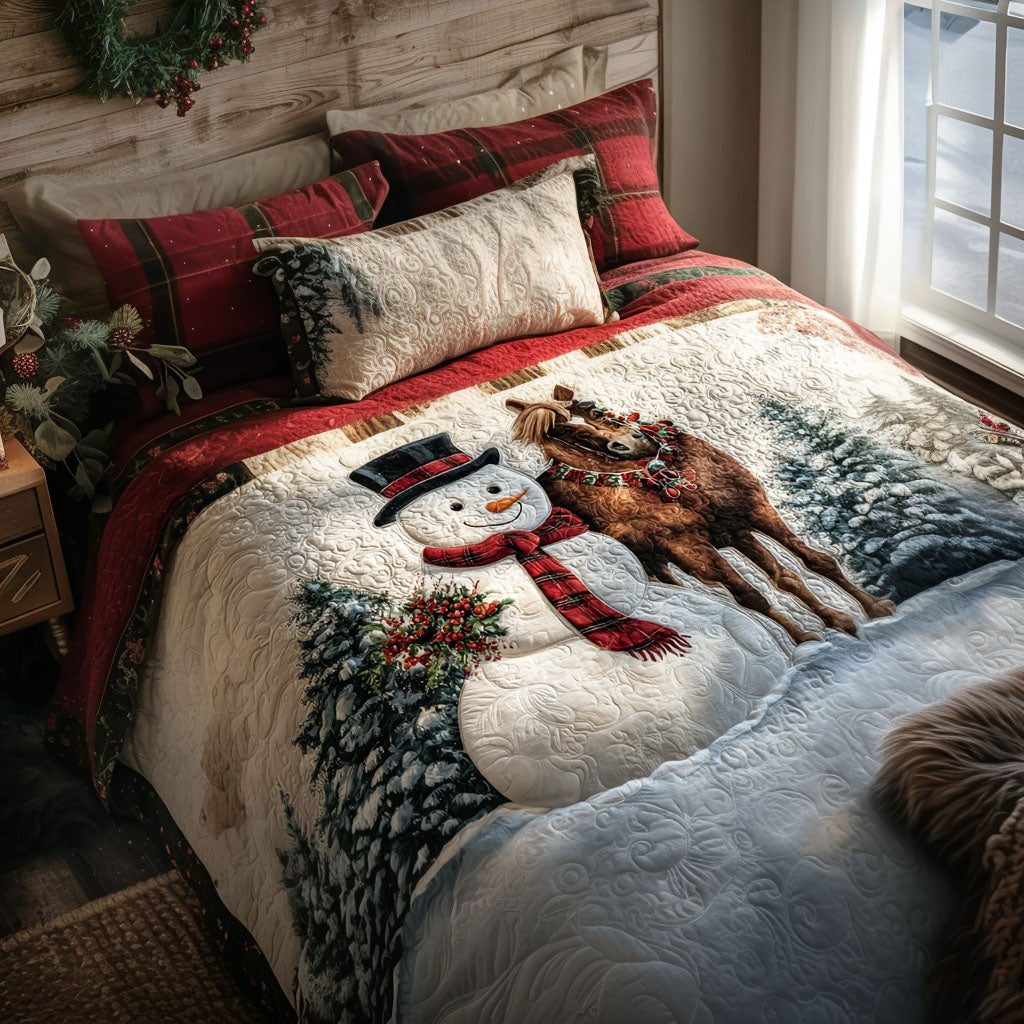 Frosty Ride quilted 3-piece bedding set on a made bed in a winter-styled bedroom