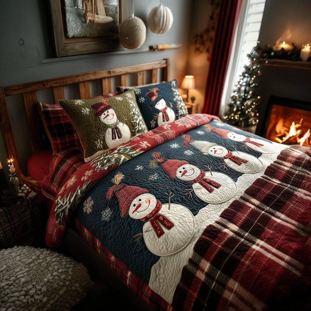 Frosty Sleigh quilted 3-piece bedding set on a made bed in a winter-styled bedroom