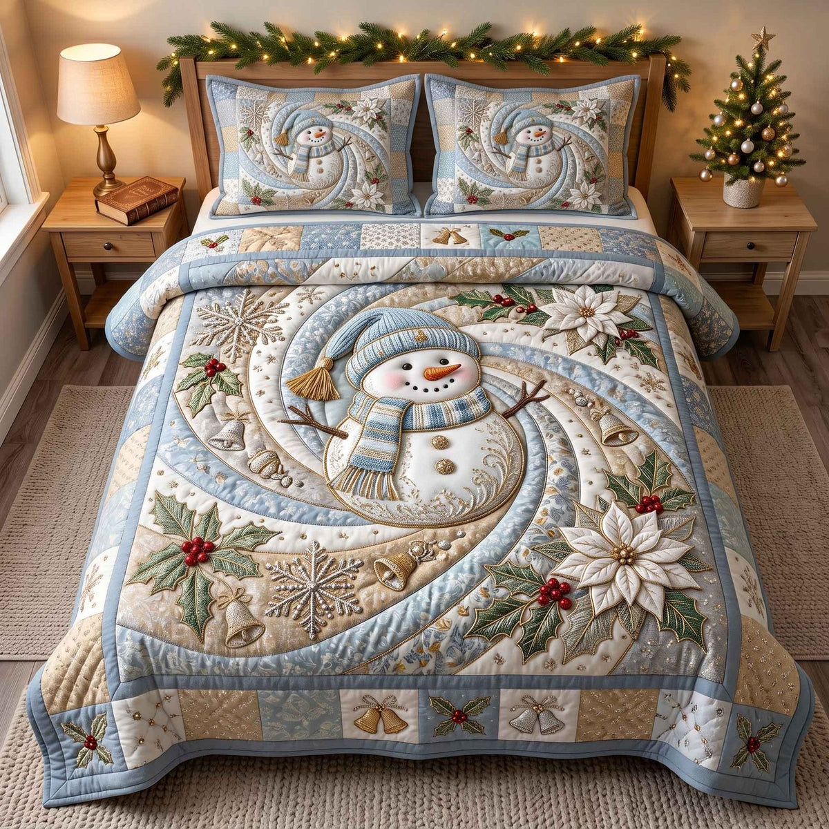 Frosty Swirl quilted 3-piece bedding set on a made bed in a winter-styled bedroom