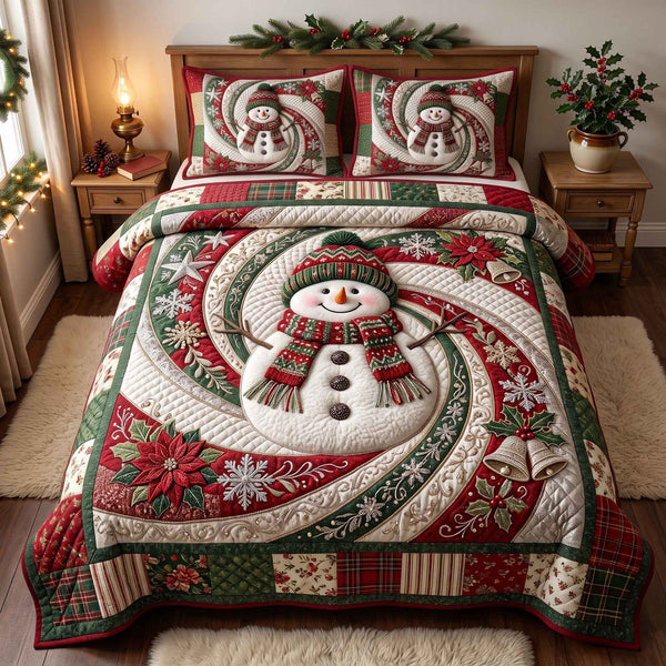 Frosty Swirl quilted 3-piece bedding set on a made bed in a winter-styled bedroom
