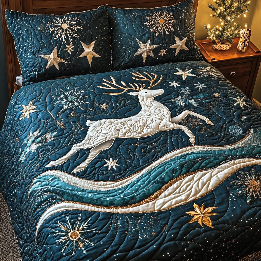 Frosty the Reindeer quilted 3-piece bedding set on a made bed in a winter-styled bedroom