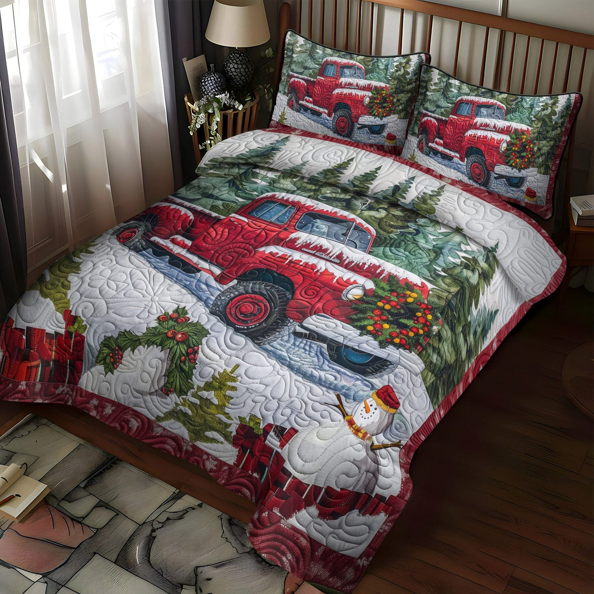 Frosty Truck Cheer quilted 3-piece bedding set on a made bed in a winter-styled bedroom