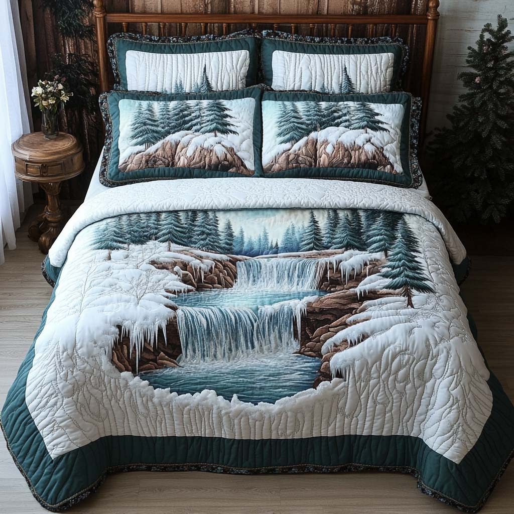 Frozen Falls quilted 3-piece bedding set on a made bed with two matching pillow shams
