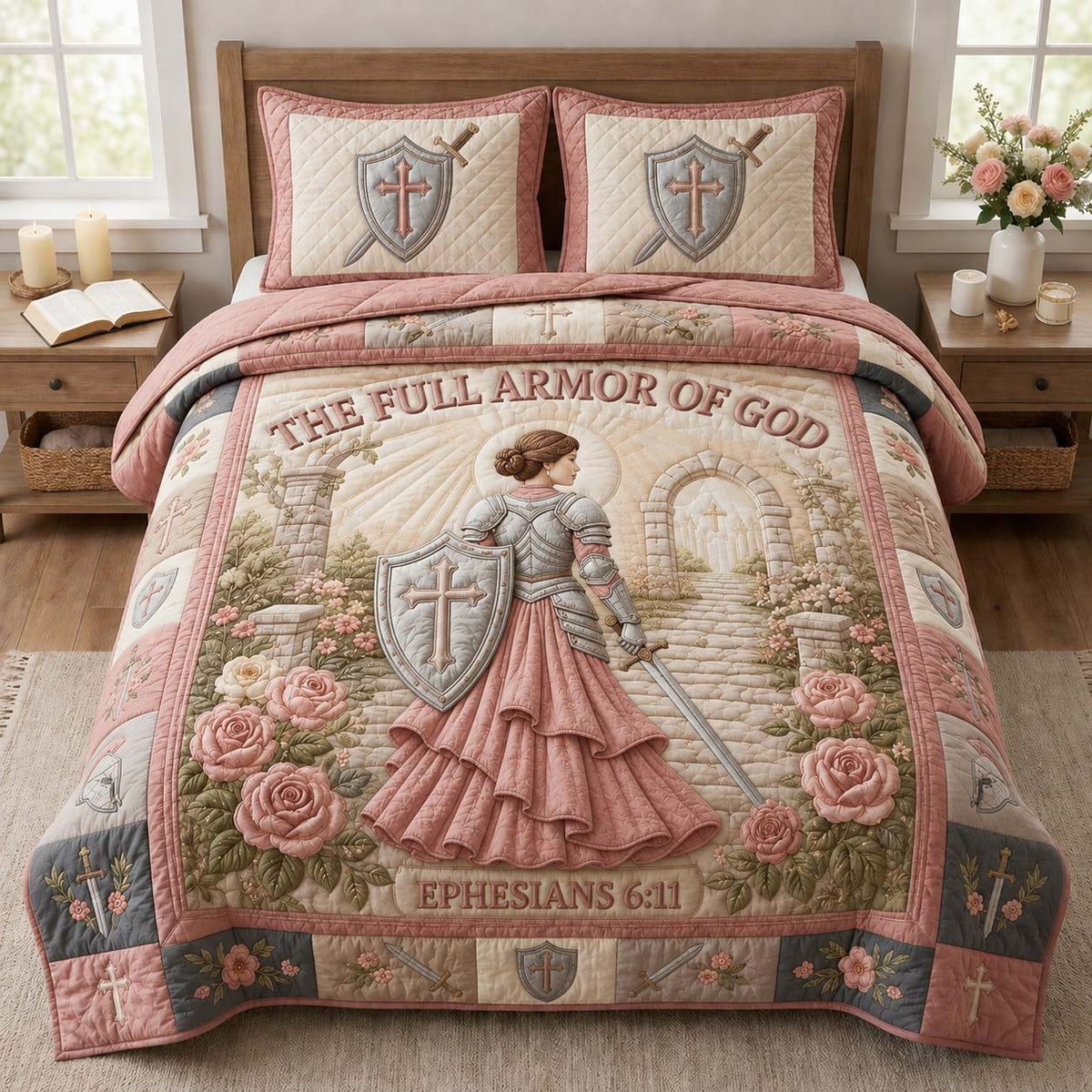 Full Armor Grace quilted 3-piece bedding set on a made bed with two matching pillow shams