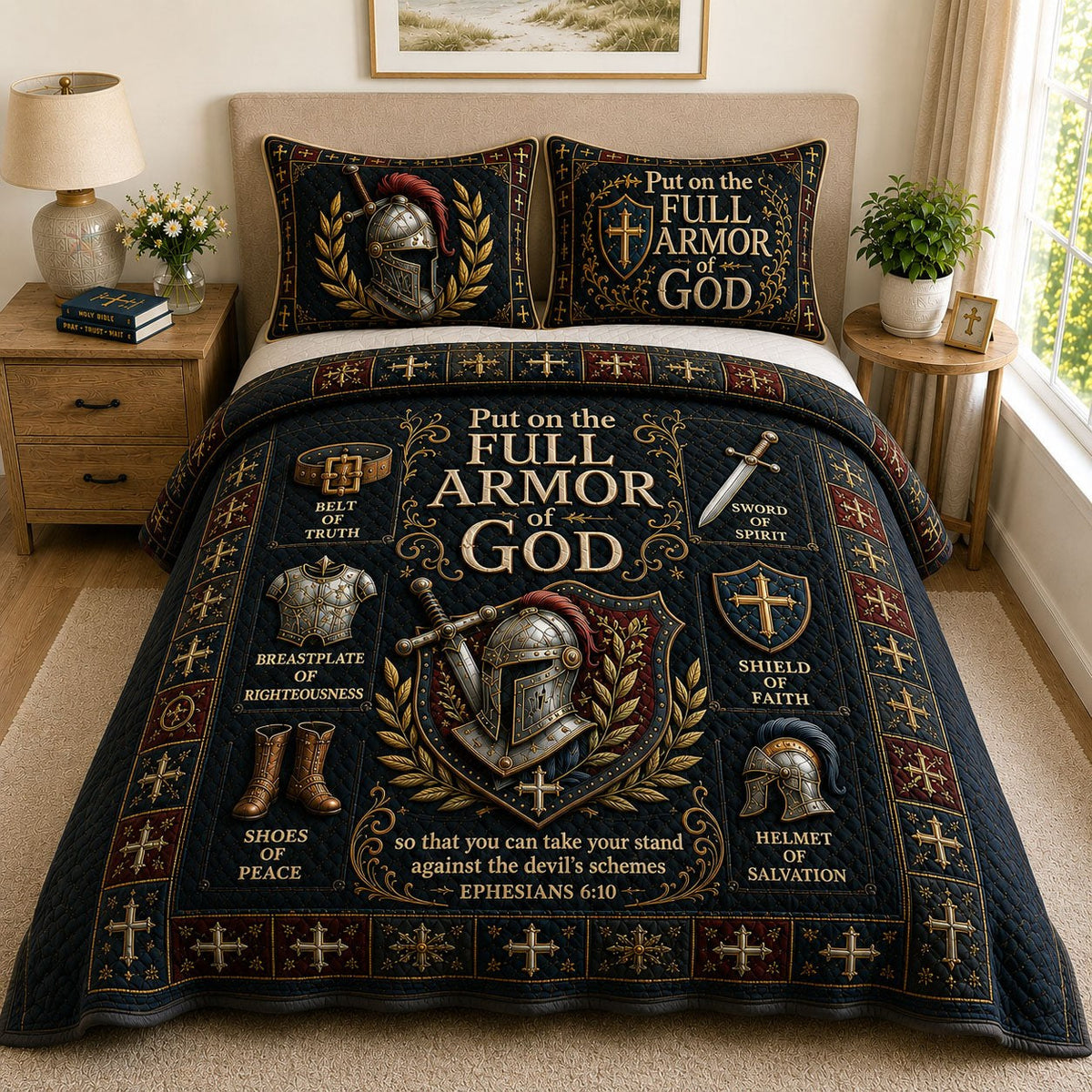 Full Armor Of God quilted 3-piece bedding set on a made bed in a softly lit bedroom