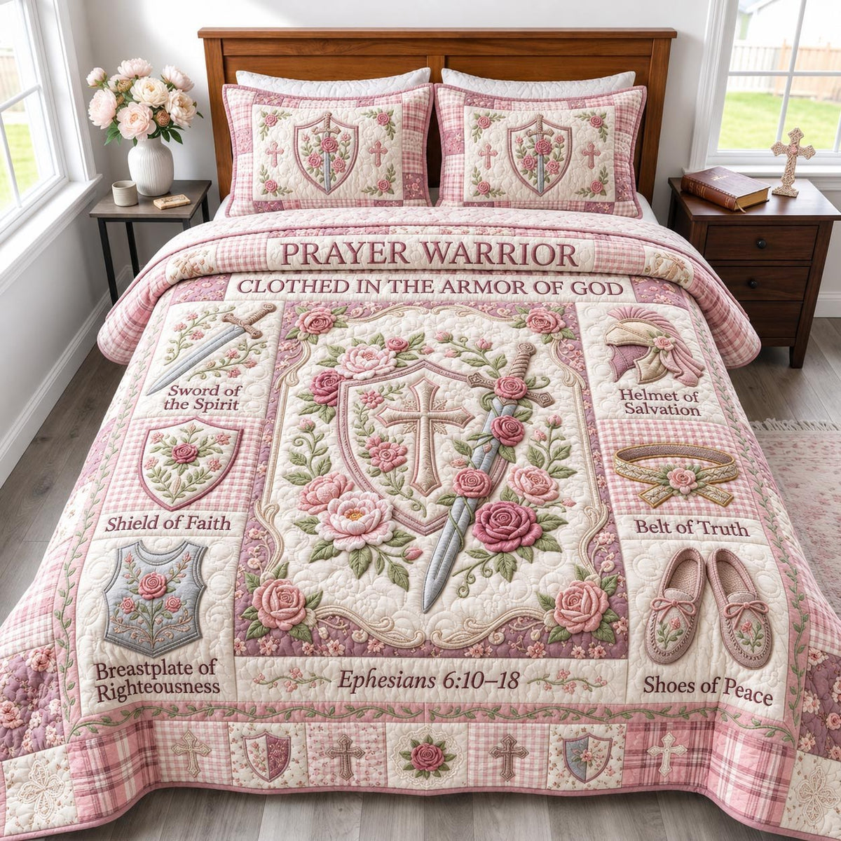 Full Armor Of God quilted 3-piece bedding set on a made bed in a softly lit bedroom
