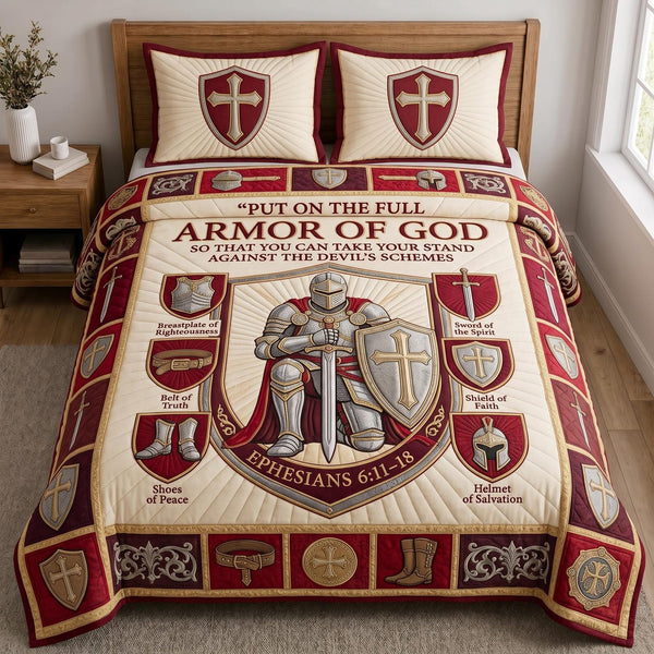 Full Armor Of God quilted 3-piece bedding set on a made bed in a softly lit bedroom
