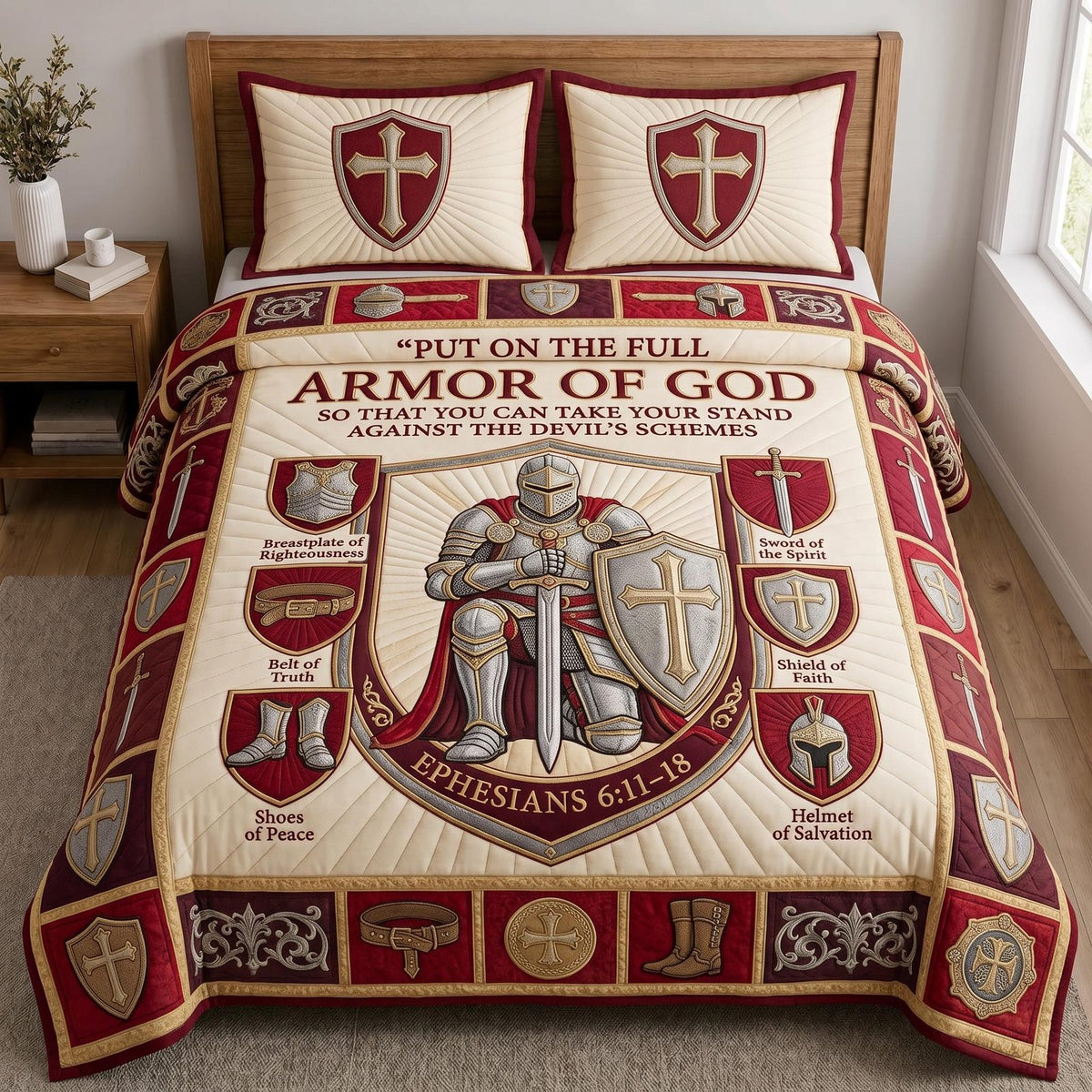Full Armor Of God quilted 3-piece bedding set on a made bed in a softly lit bedroom