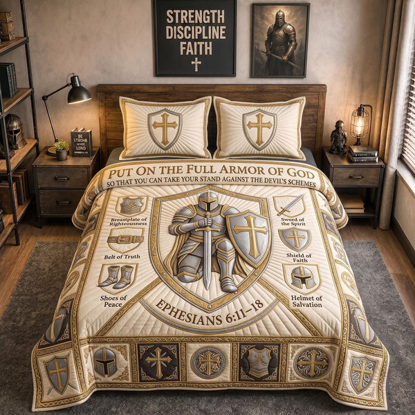 Full Armor Of God quilted 3-piece bedding set on a made bed in a softly lit bedroom