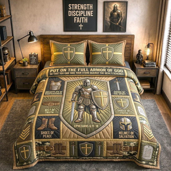 Full Armor Of God quilted 3-piece bedding set on a made bed in a softly lit bedroom