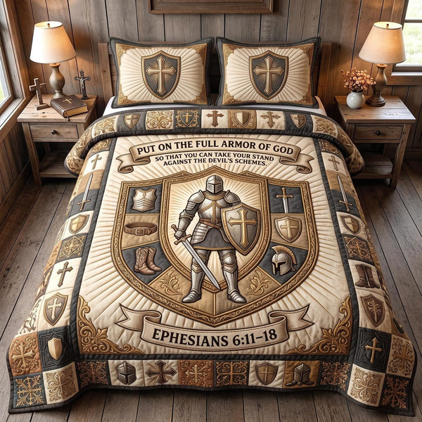 Full Armor Of God quilted 3-piece bedding set on a made bed in a softly lit bedroom