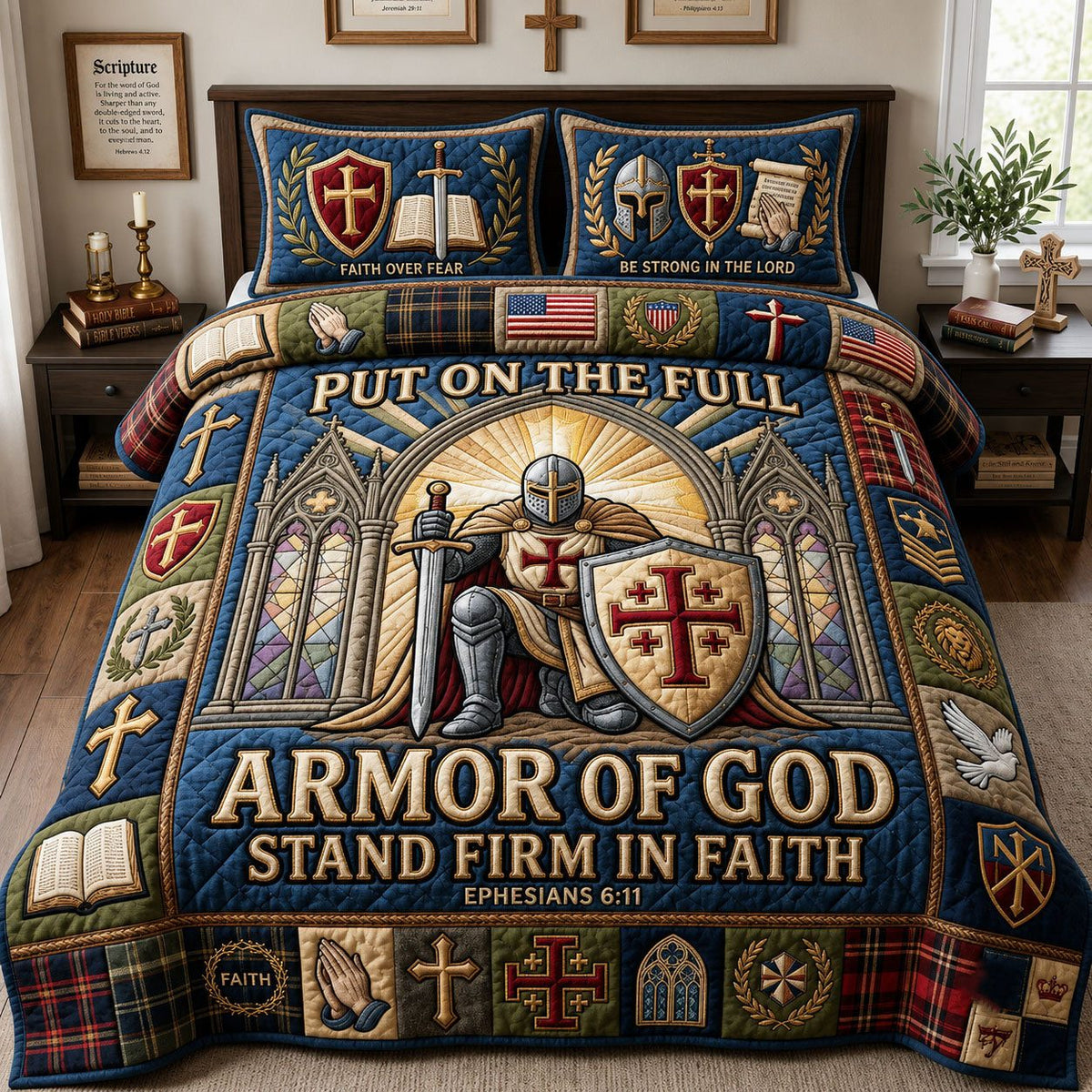 Full Armor of God quilted 3-piece bedding set on a made bed in a softly lit bedroom