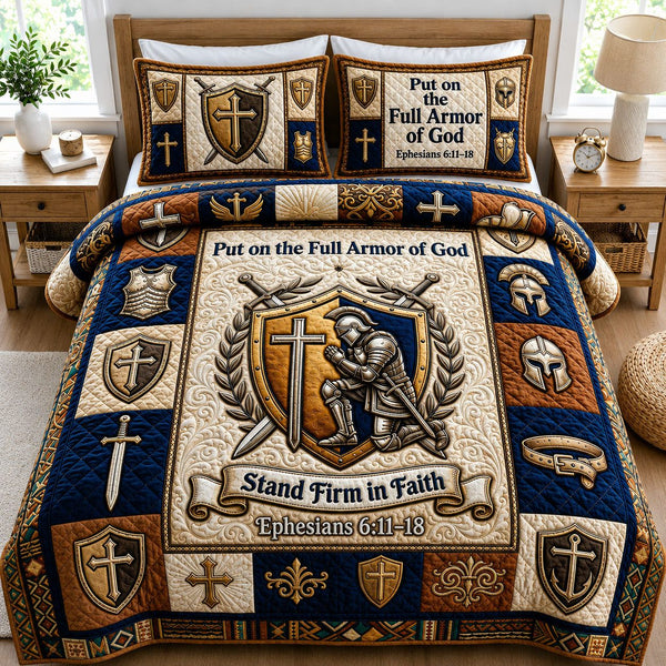 Full Armor Of God quilted 3-piece bedding set on a made bed in a softly lit bedroom