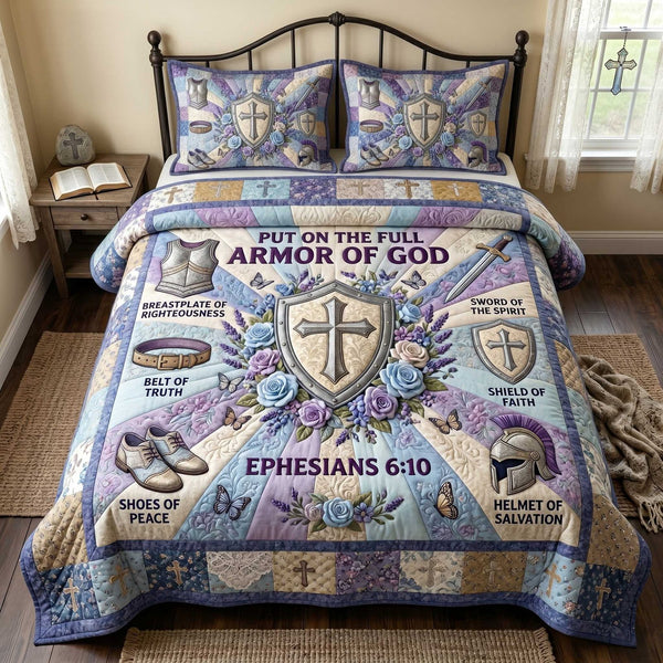 Full Armor Of God quilted 3-piece bedding set on a made bed in a softly lit bedroom