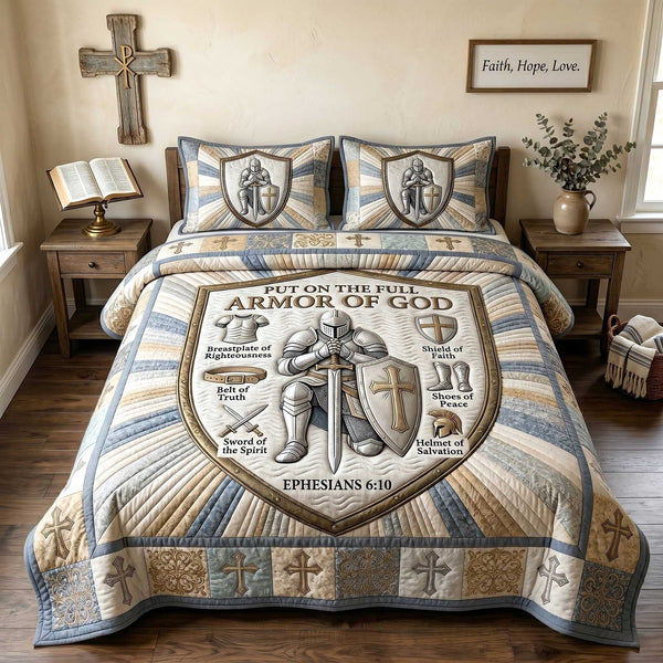 Full Armor Of God quilted 3-piece bedding set on a made bed in a softly lit bedroom