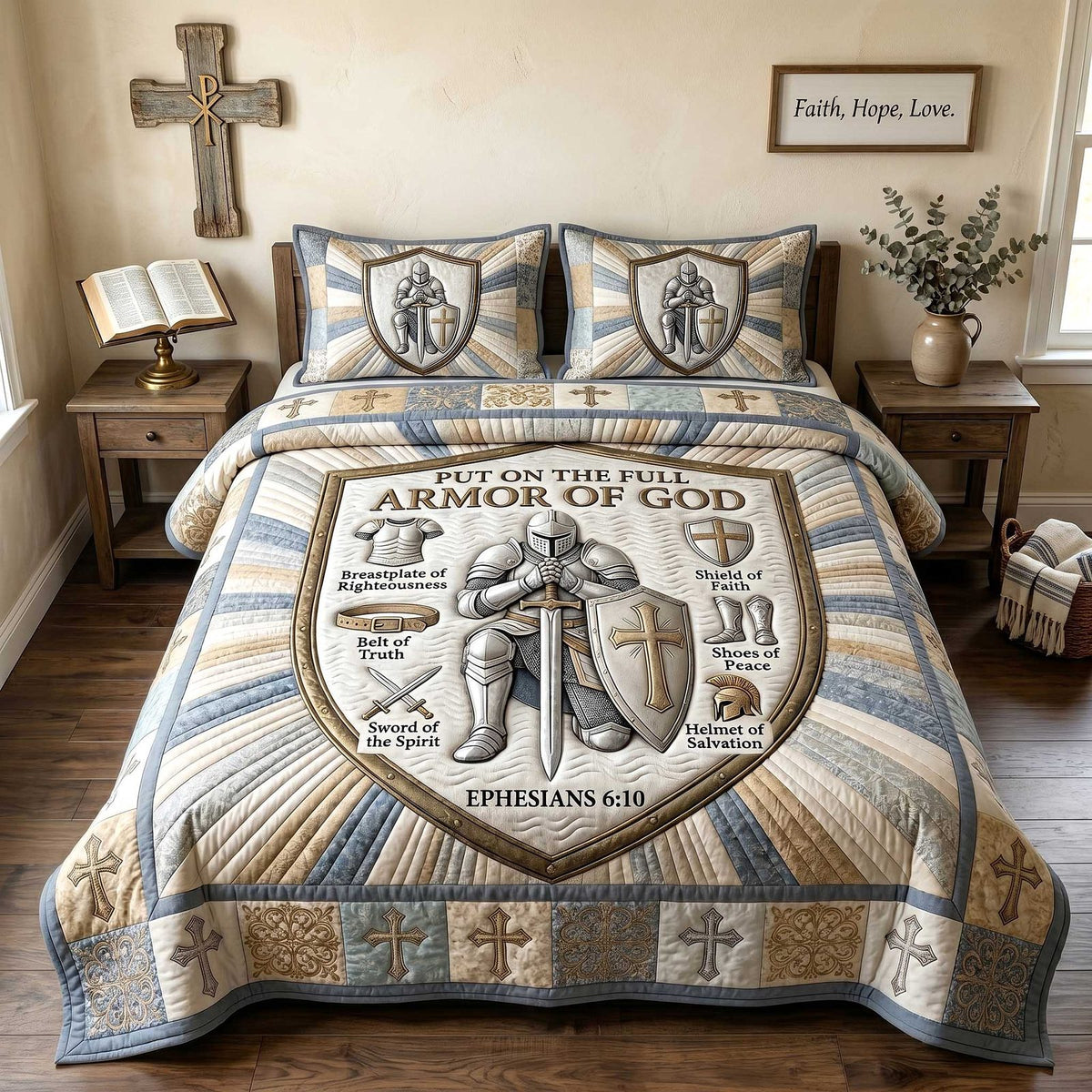 Full Armor Of God quilted 3-piece bedding set on a made bed in a softly lit bedroom