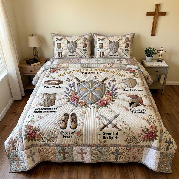 Full Armor Of God quilted 3-piece bedding set on a made bed in a softly lit bedroom