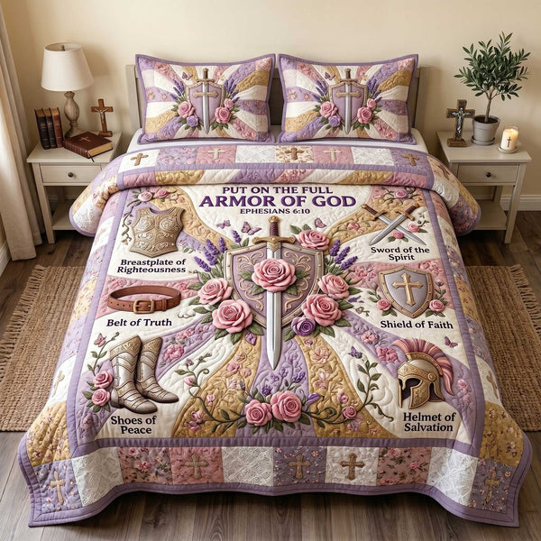 Full Armor Of God quilted 3-piece bedding set on a made bed in a softly lit bedroom