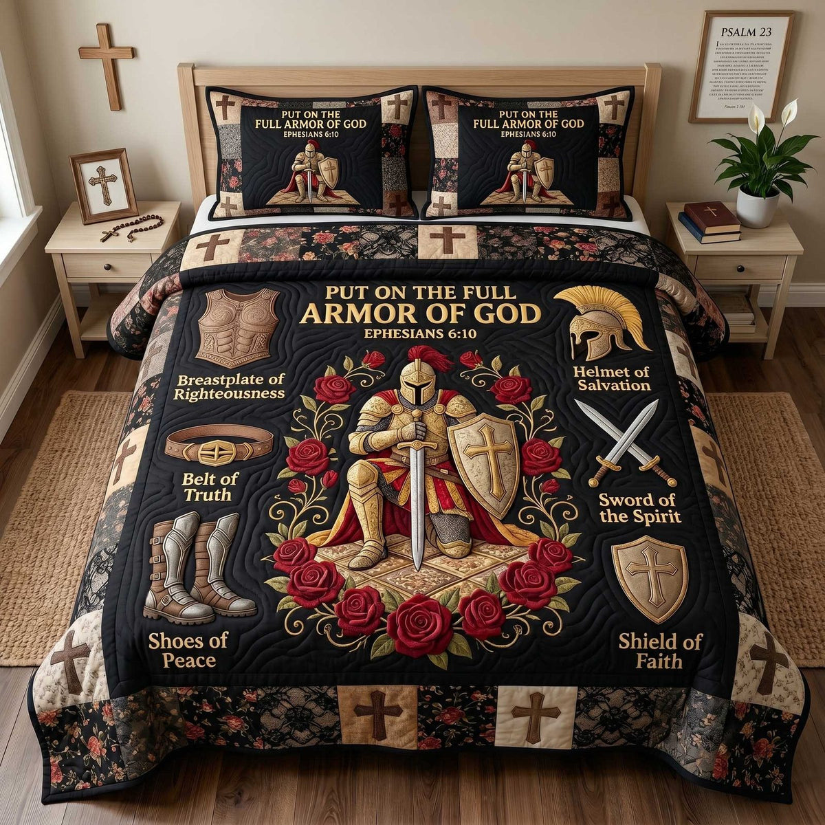 Full Armor Of God quilted 3-piece bedding set on a made bed in a softly lit bedroom